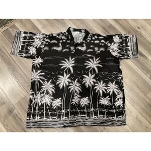 La Leela Mens 6XL Hawaiian Shirt Black White Palm Tree Tropical Terivoile Button